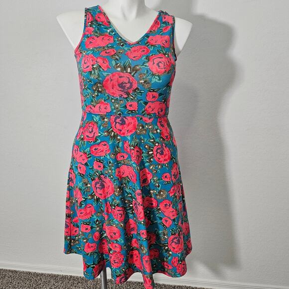 Vintage Paraella Blue pink a line Dress With Flower Print sz M - Picture 1 of 7
